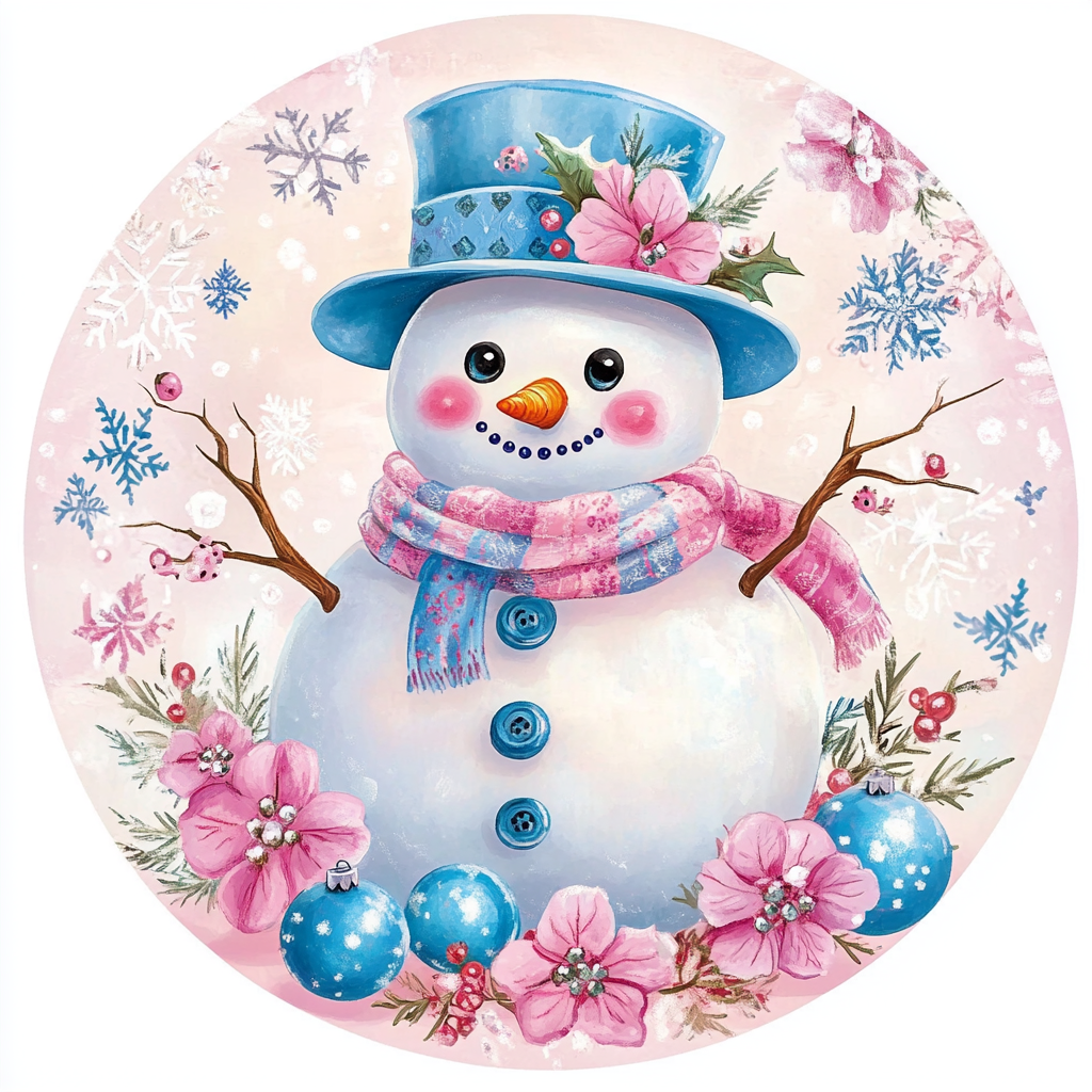 Snowman with pink and blue scarf sign Round
