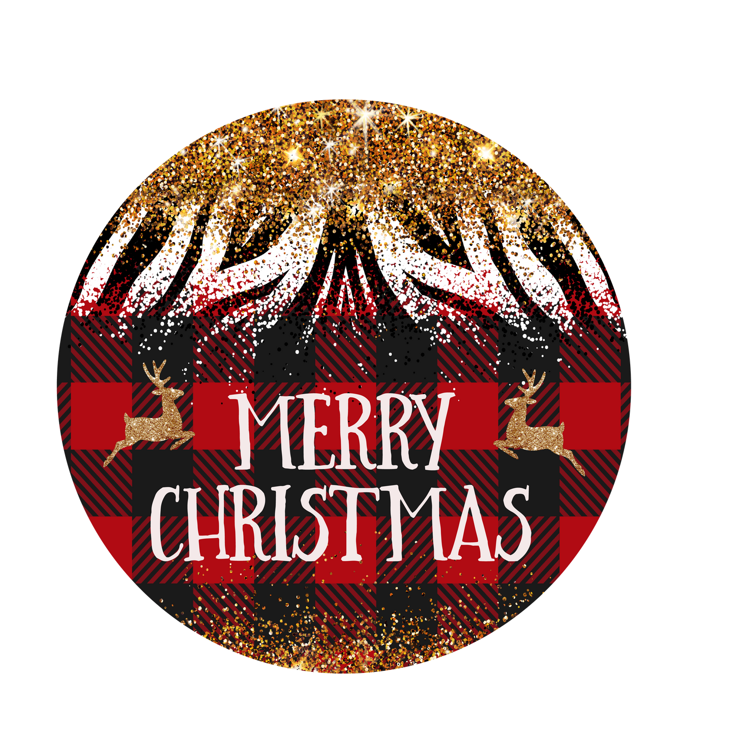 Merry Christmas red and black plaid with gold deer Sign Round