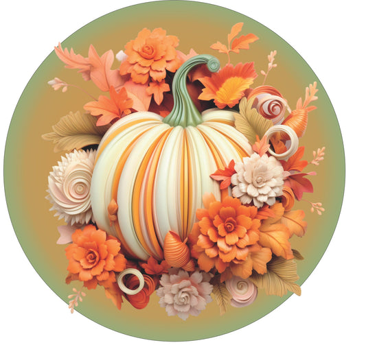 3D Fall Pumpkin in Cream with moss and Orange Round