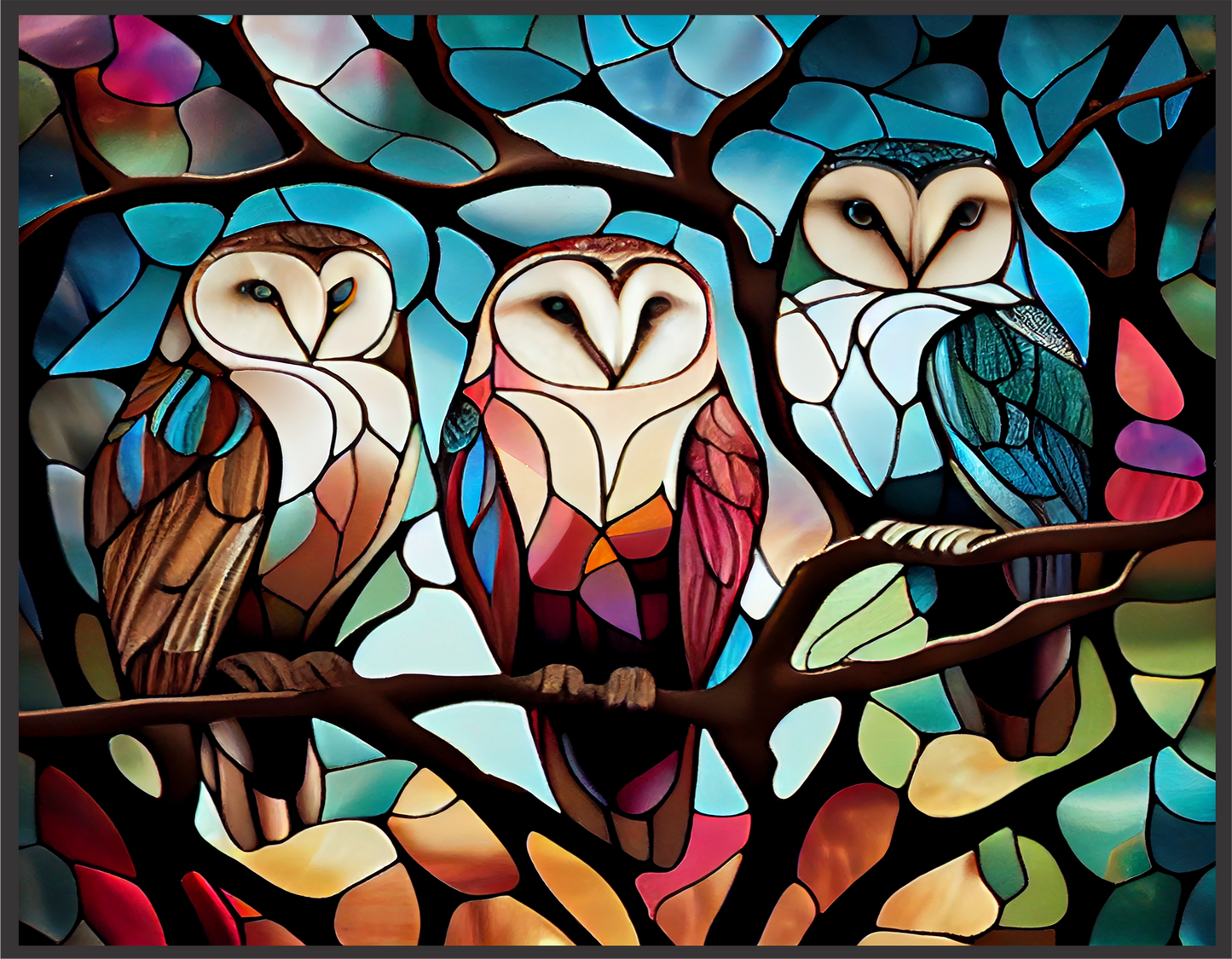 3 Owls Stained Glass Look Sign 9x7