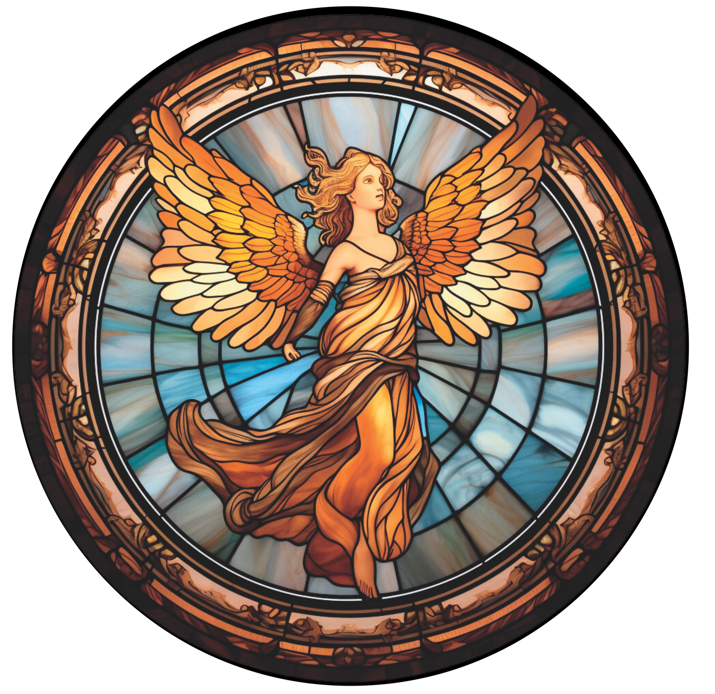 Angel flying in browns and blues Faux Stained Glass Look Wreath Sign Round