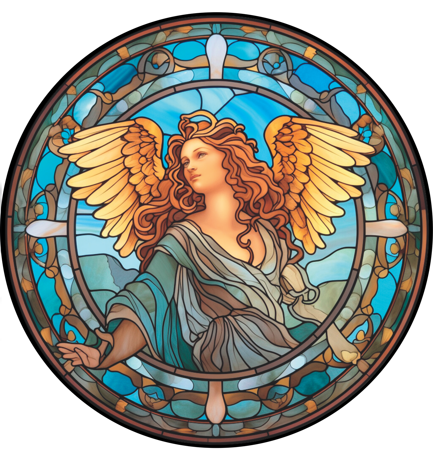 Angel in blues Faux Stained Glass Look Wreath Sign Round