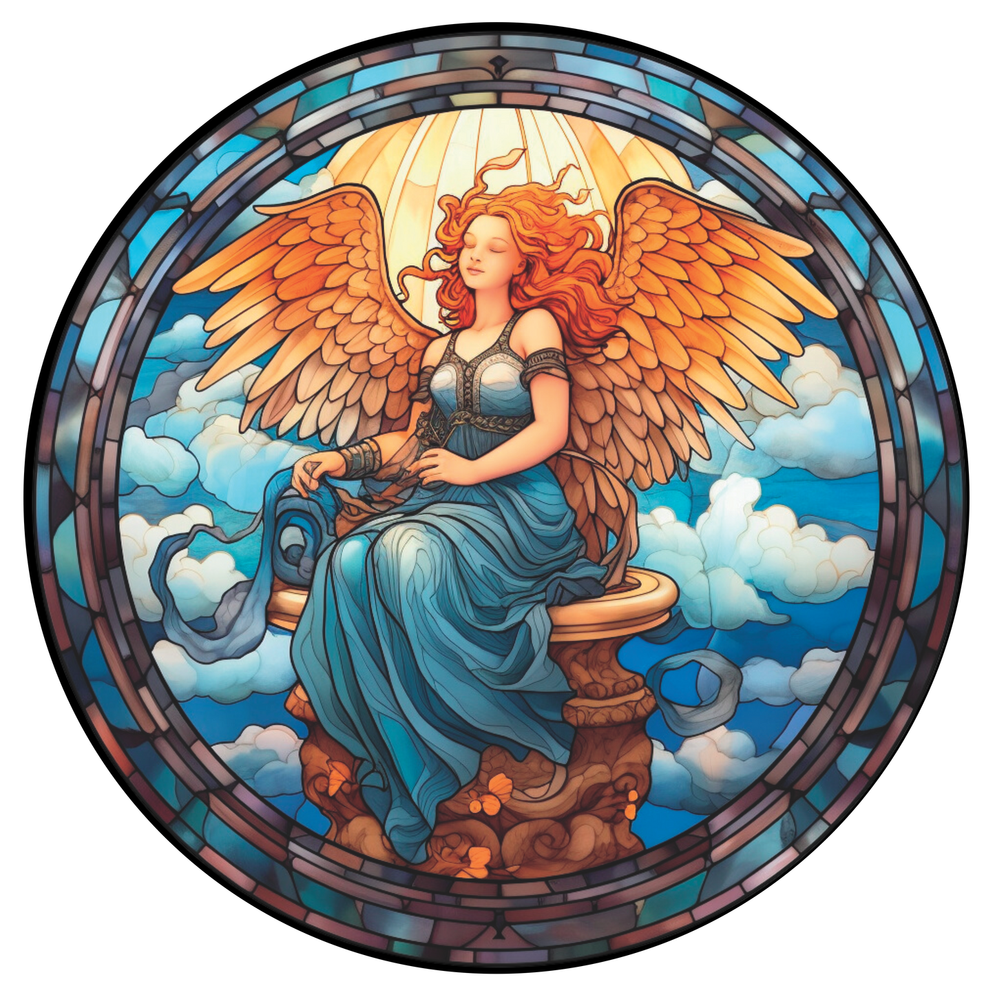 Angel sitting in blues Faux Stained Glass Look Wreath Sign Round