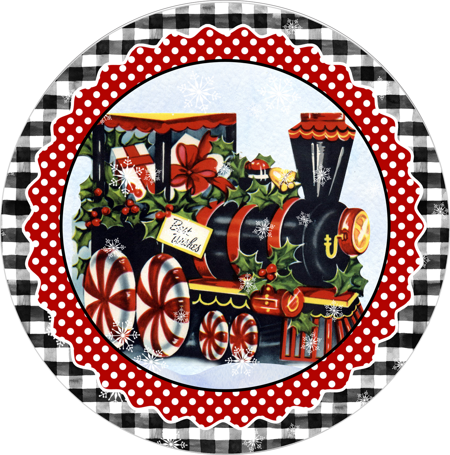 Best Wishes Christmas train wreath Sign Round