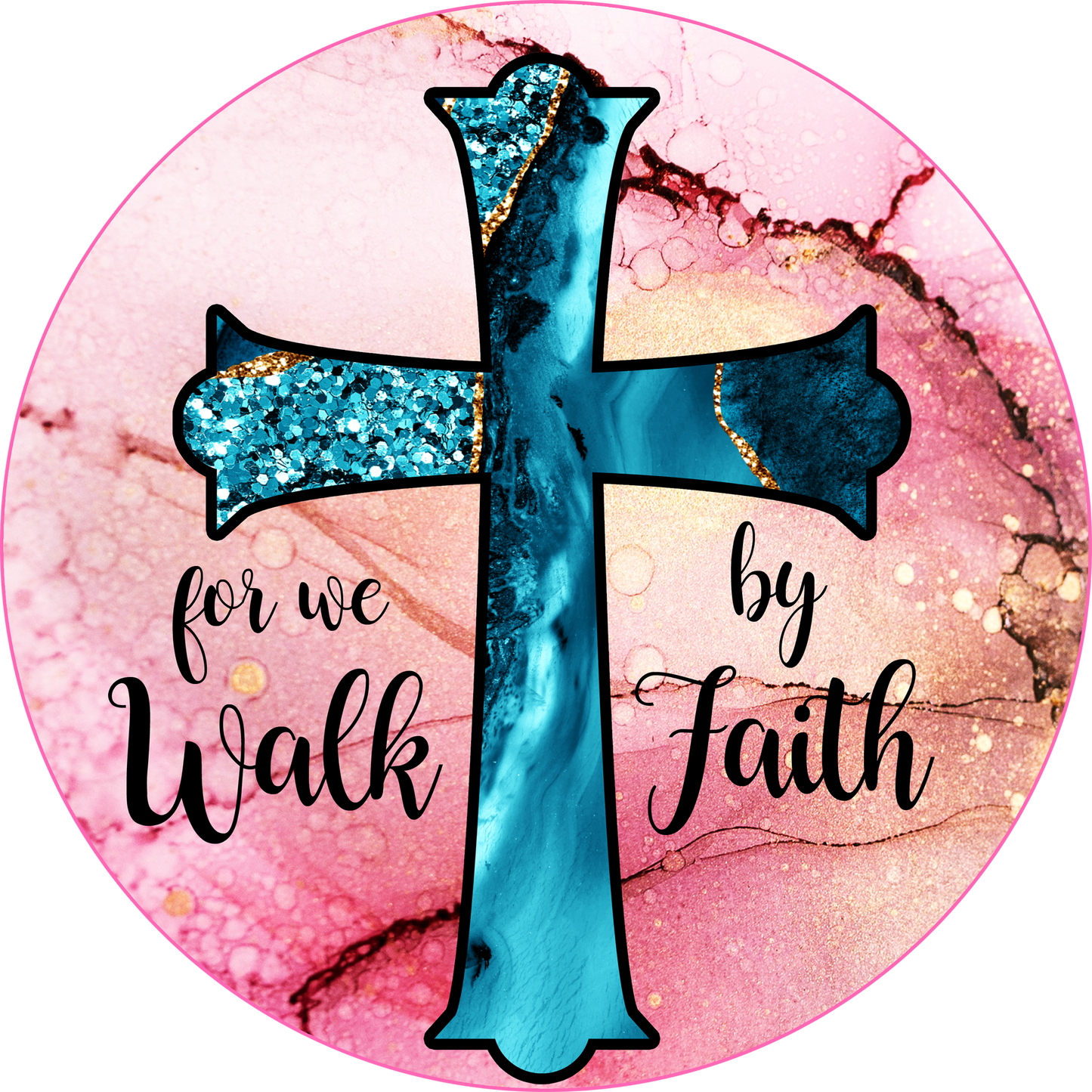 Blue Cross Walk By Faith Stained Glass Look Wreath Sign Round