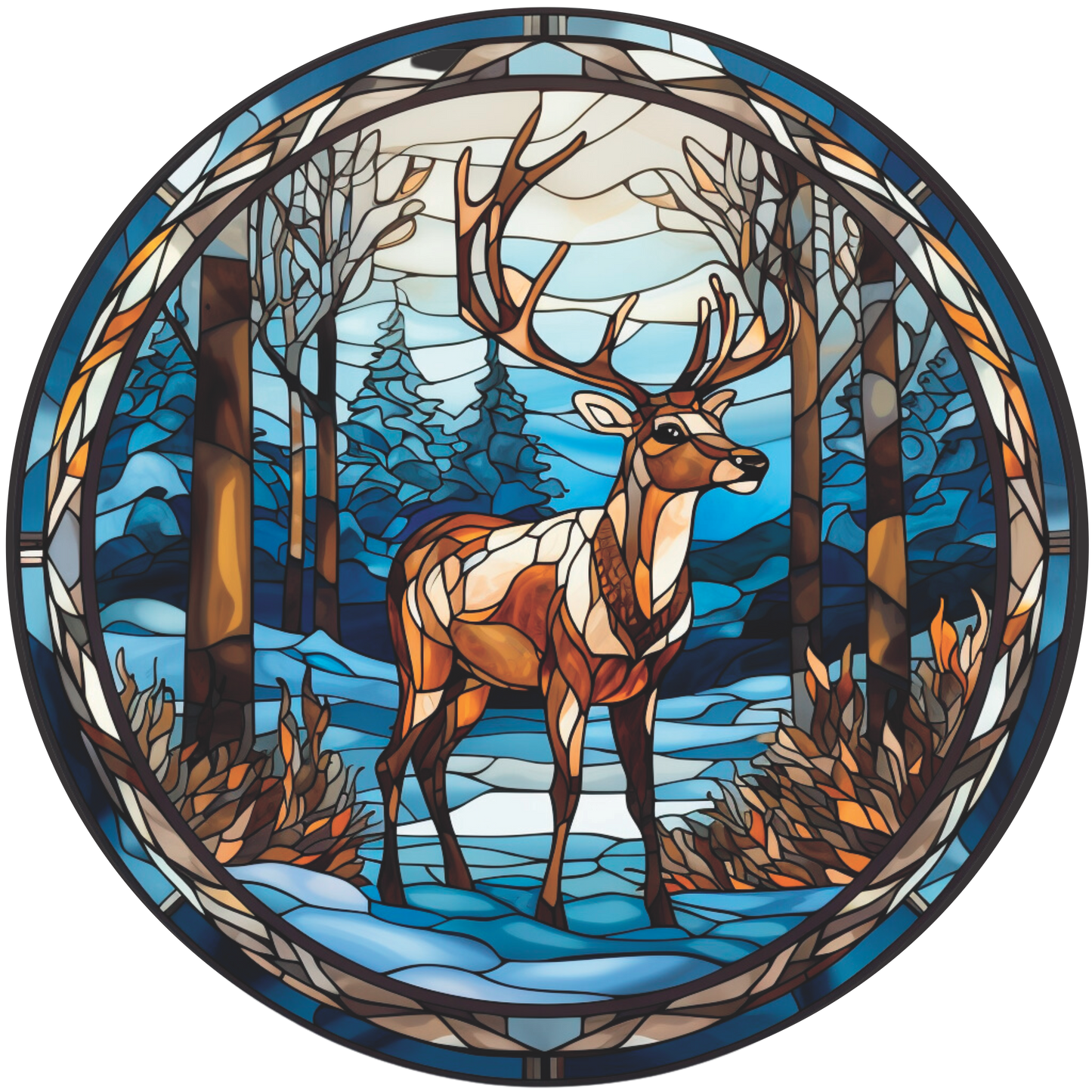 Buck in Snow Blue Background in Stained Glass Sign Round