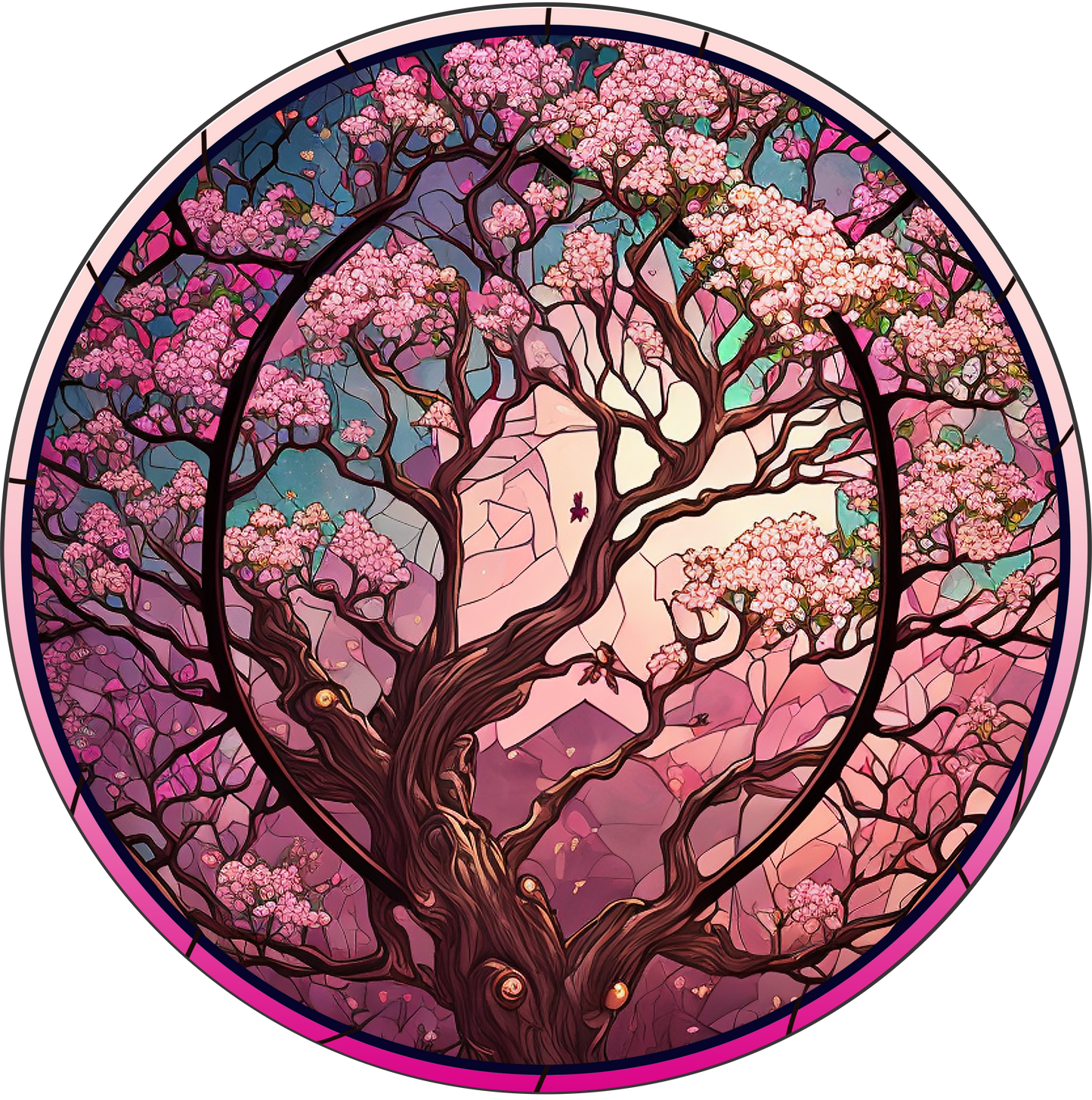 Cherry Blossom Stained Glass Look Wreath Sign Round