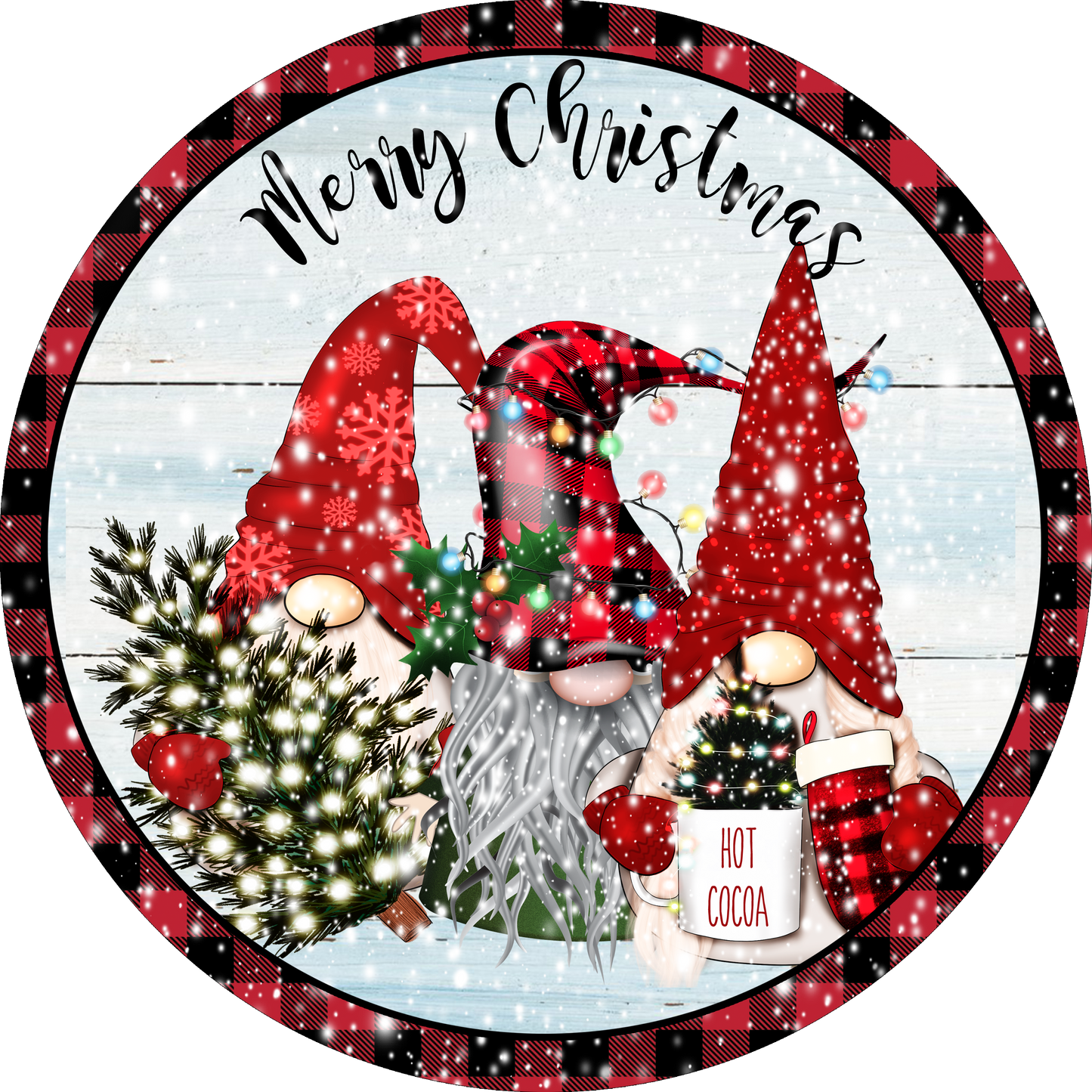 Merry Christmas red and black gnomes wreath Sign Round