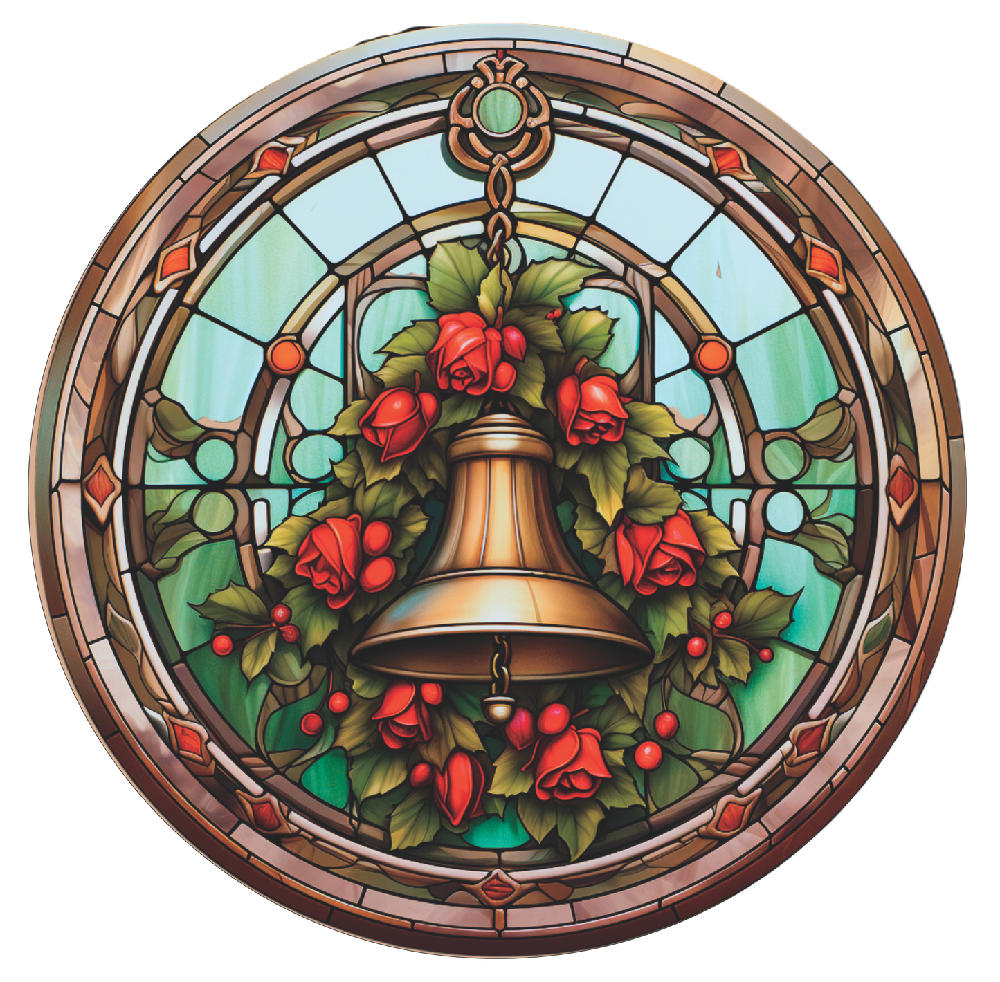 Christmas Bell in Silver and Mint Stained Glass Round Sign