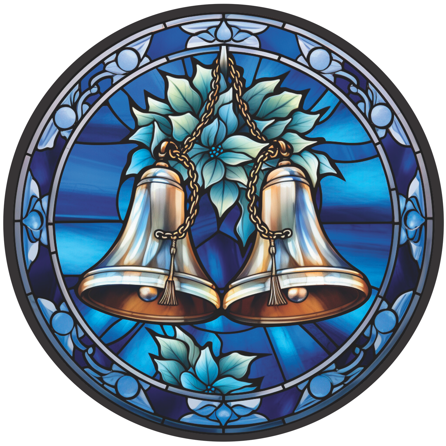 Christmas Bells in Platinum with Blue and Green Stained Glass Round Sign