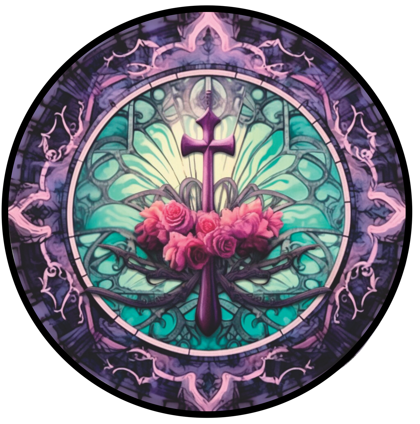 Cross in blues and pinks with florals Faux Stained Glass Wreath Sign Round
