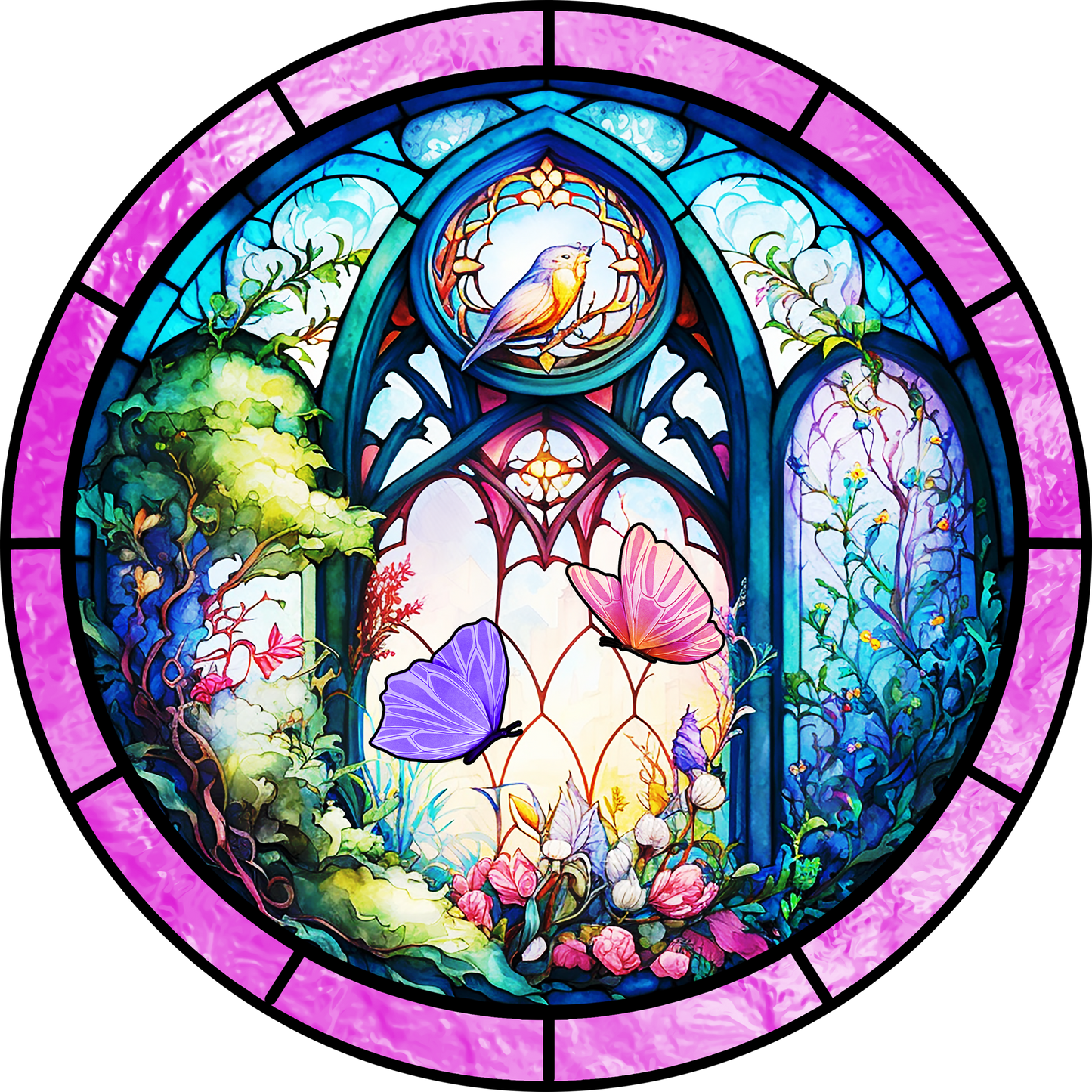 Window Scene with bird and butterflies Faux Stained Glass Round