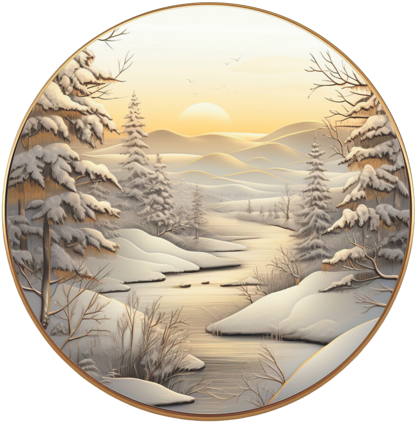 Gold and White Snow Scene Christmas Round