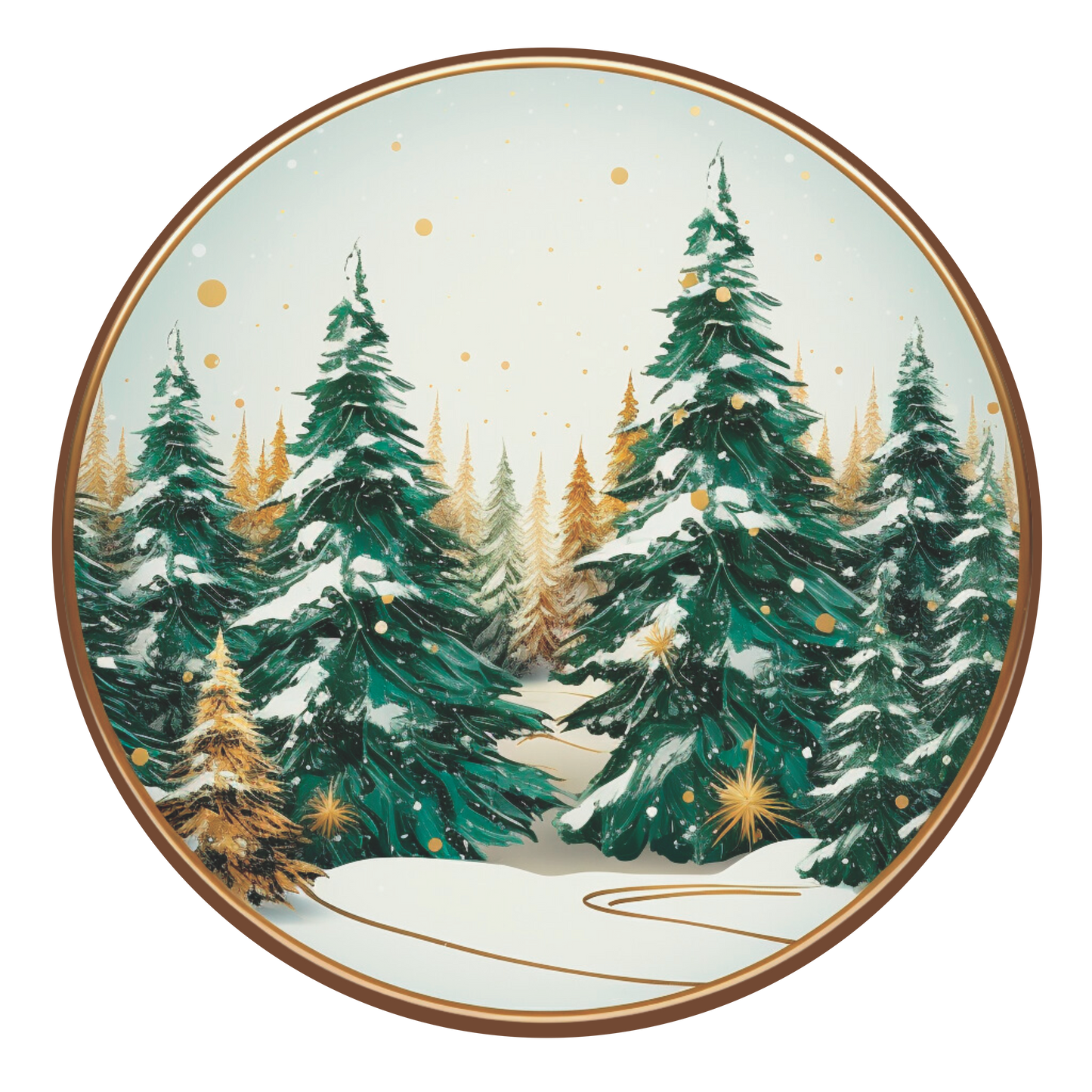 White background Green and Gold Christmas trees wreath Sign Round