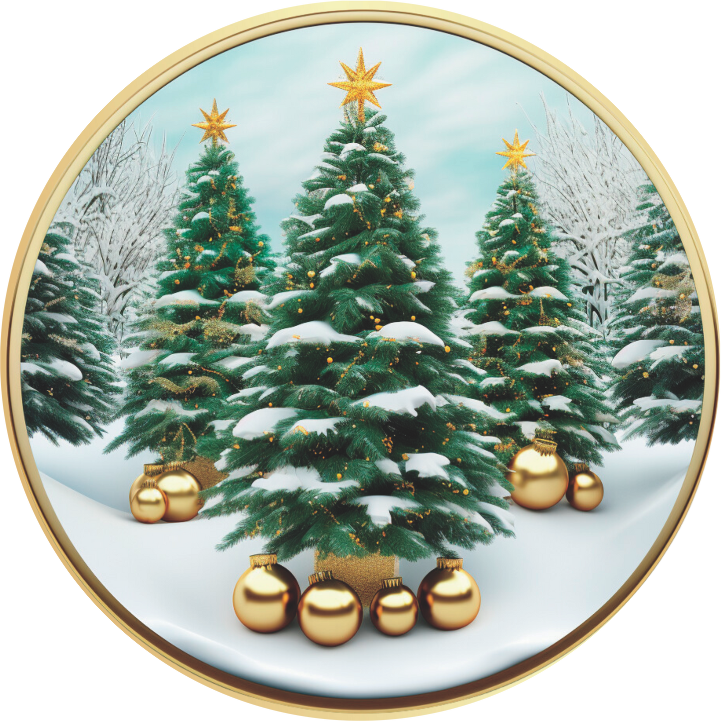 Green and Gold Christmas trees with large gold ornaments wreath Sign Round