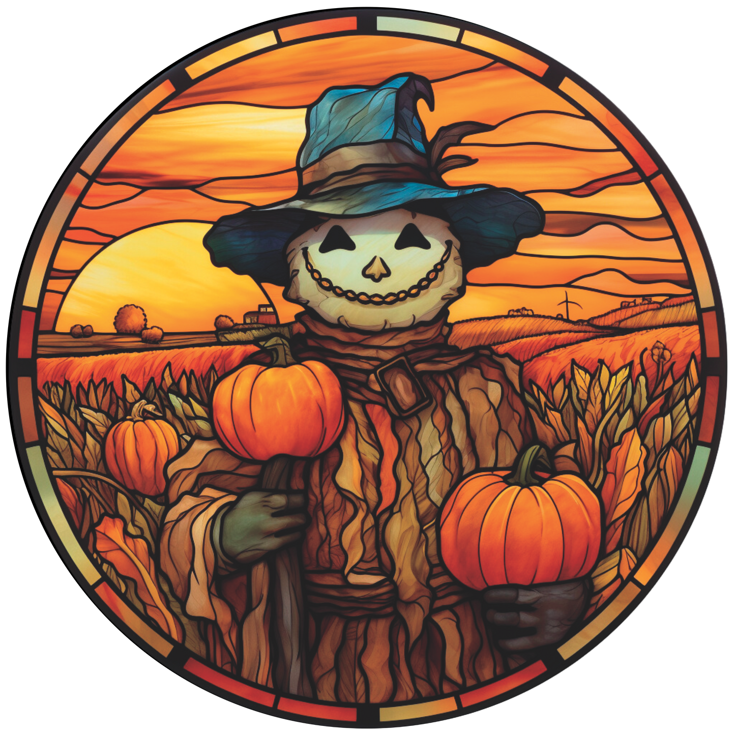 Happy Scarecrow at sunset Faux Stained Glass Wreath Sign Round