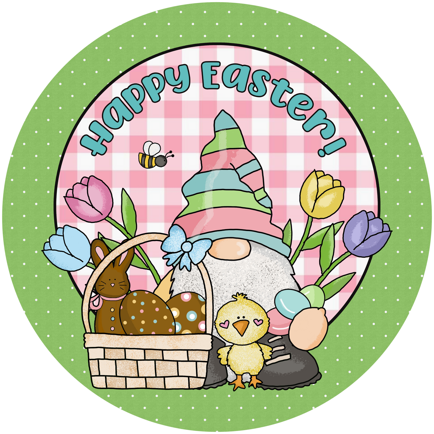 Happy Easter Gnome with Tulips Round