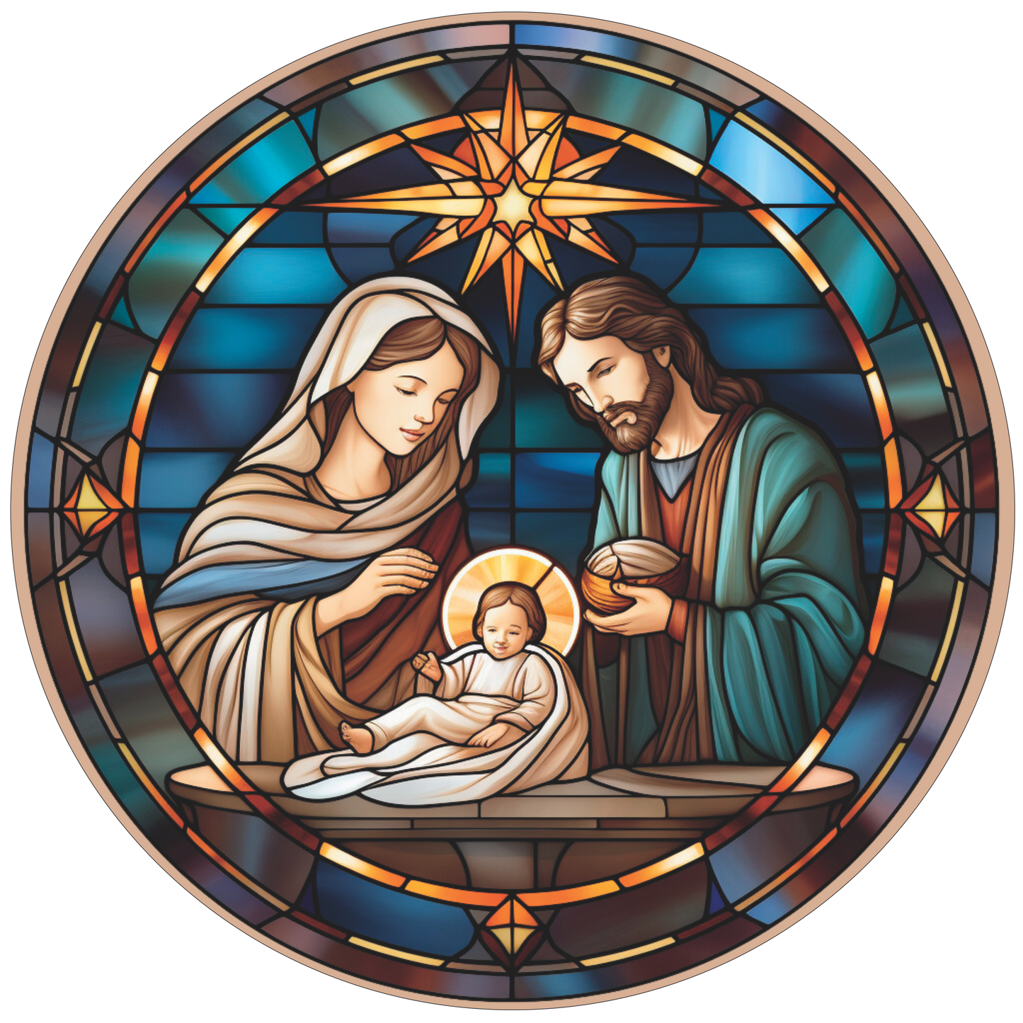 Mary Joesph and Baby Jesus with Star Stained Glass Round Sign