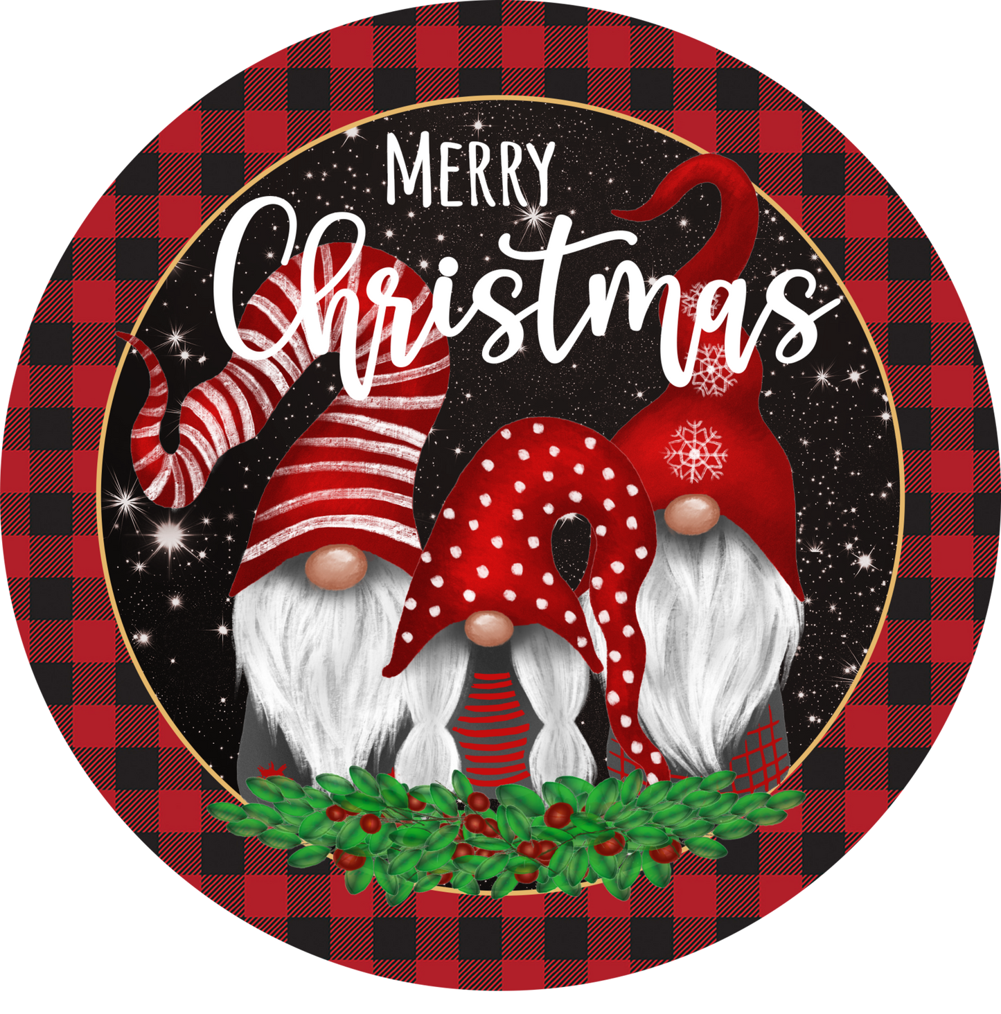 Merry Christmas red and black plaid gnomes Sign Round