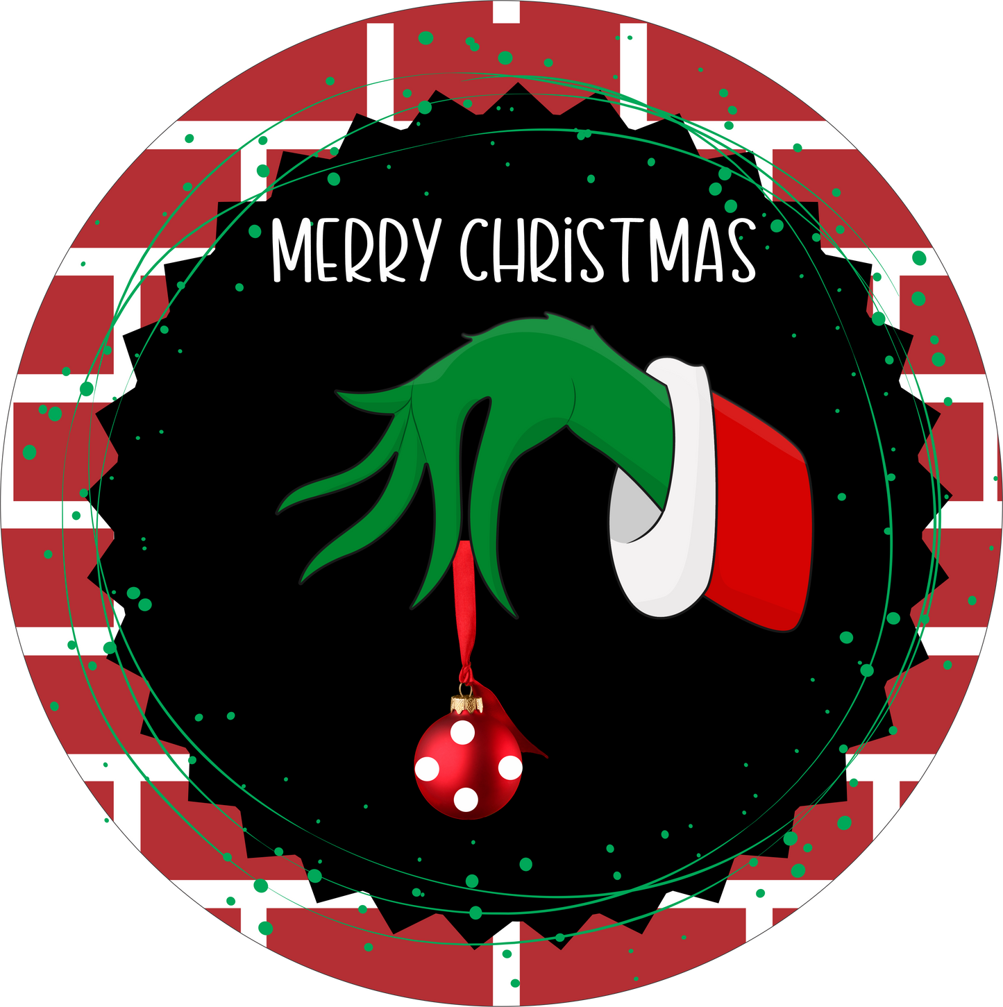 Merry Christmas Green hand and ornament wreath Sign Round