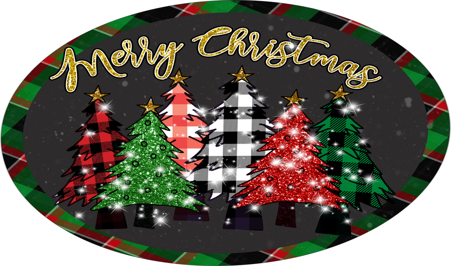 Merry Christmas with trees Oval Sign