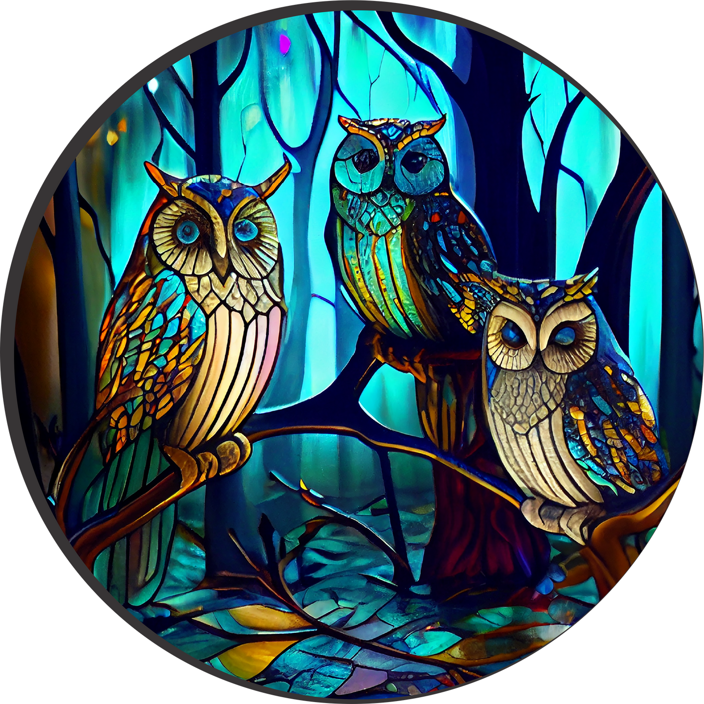 Blue Owls stained glass Look Wreath Sign Round