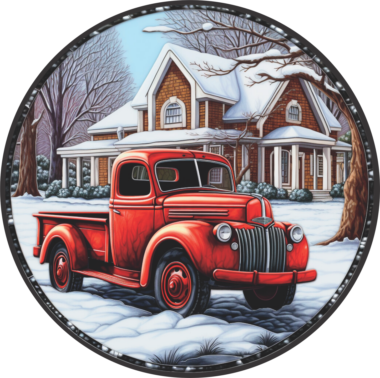 Old Fashion Red Truck in Front of Farmhouse Wreath Sign Round