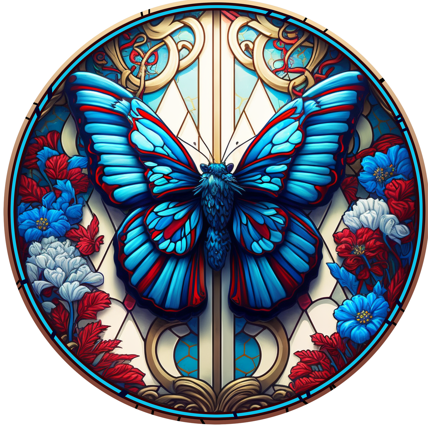 Red and Blue Butterfly Faux Stained Glass Round