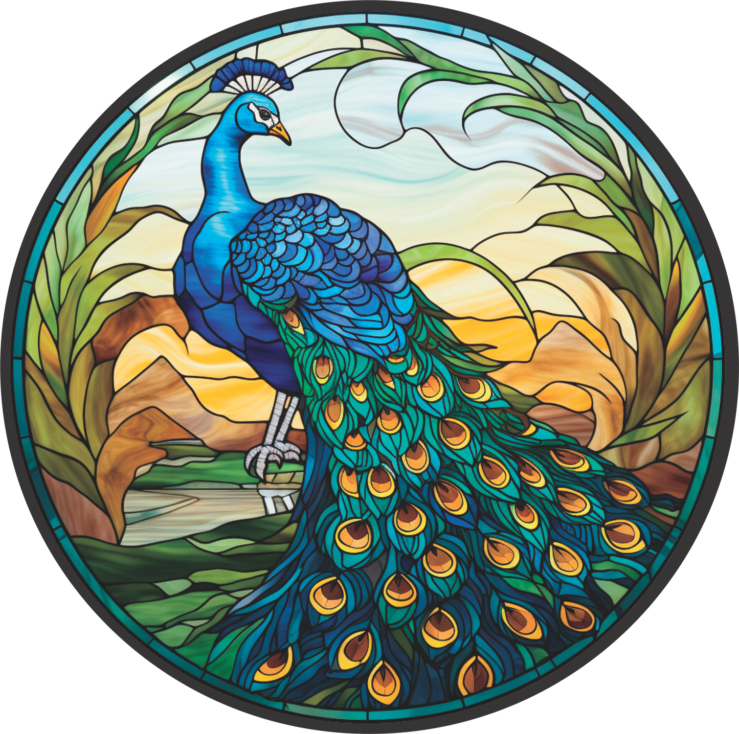 Peacock at Sunset in Stained Glass Faux Stained Glass Wreath Sign Round