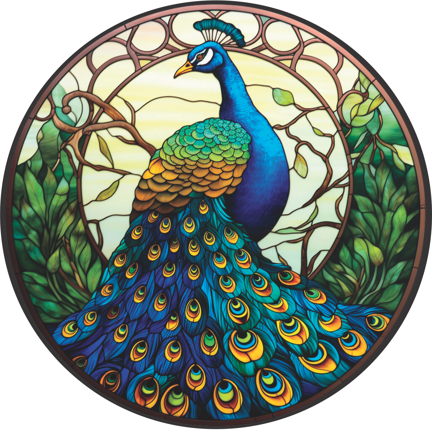 Peacock Framed in Vines and Greenery Faux Stained Glass Wreath Sign Round