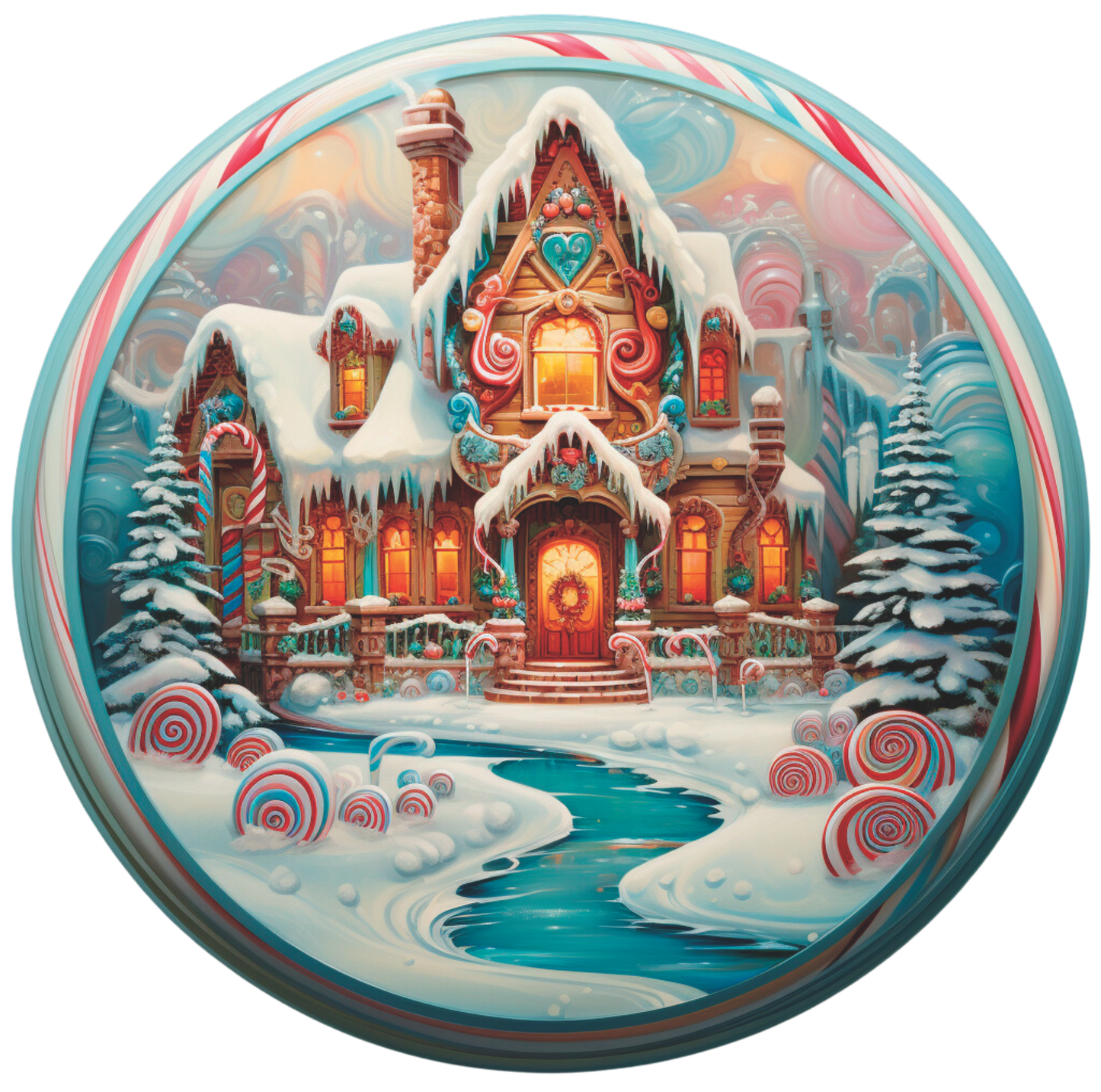 Pink, Turquoise, and White Gingerbread House with Candy Outline Faux Stained Glass Look Wreath Sign Round