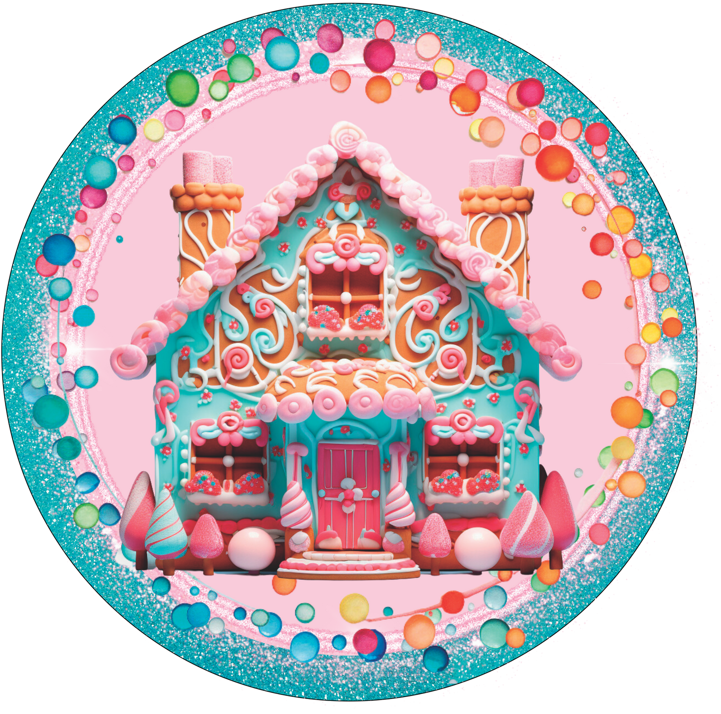 Pink and Turquoise Gingerbread house Double chimney Round Sign
