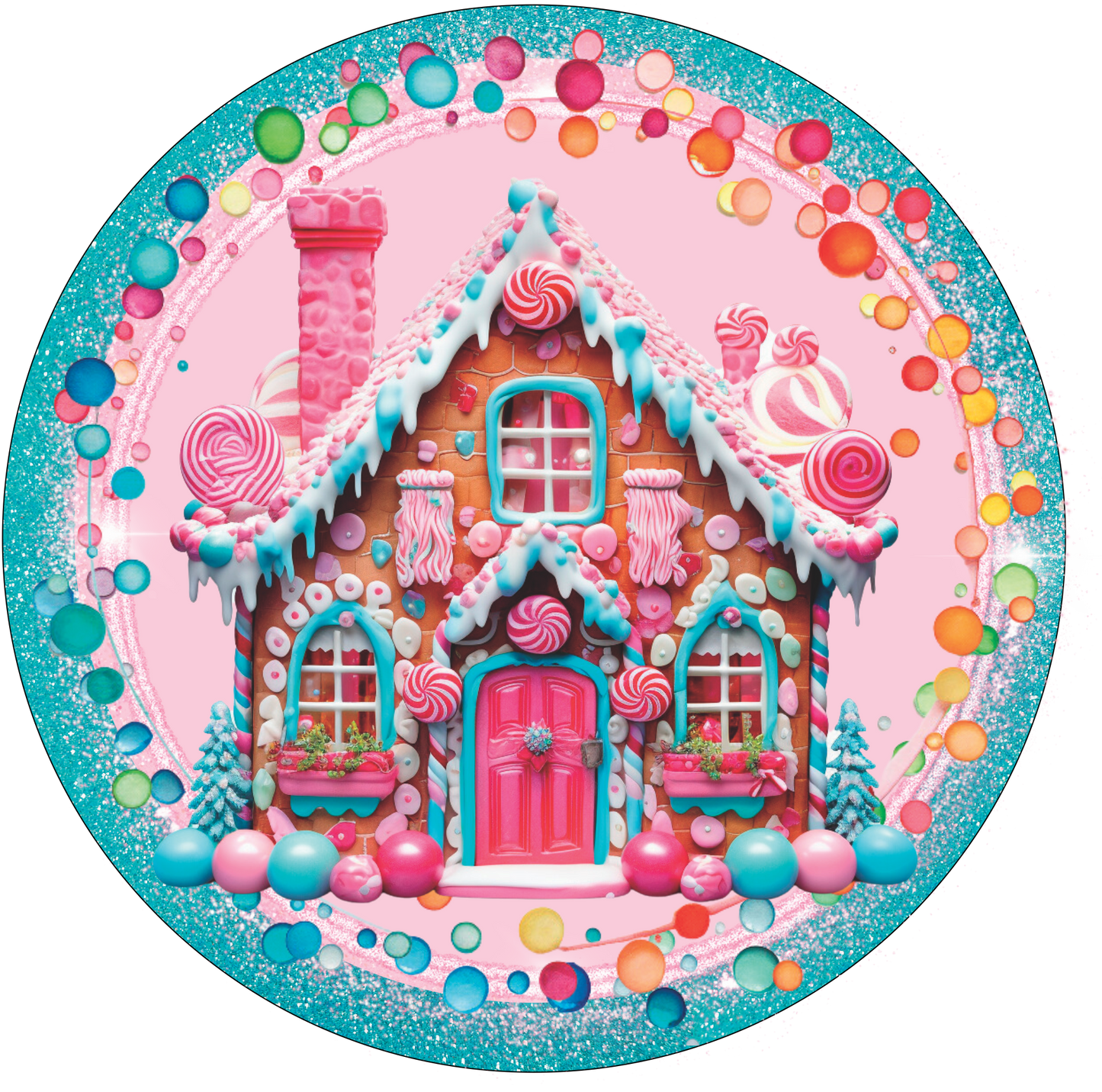 Pink and Turquoise Gingerbread house Pink chimney Round Sign