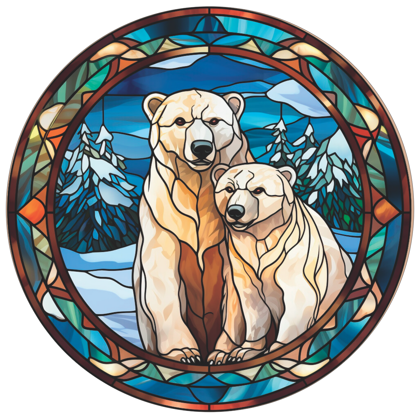 Polar Bear Mom and Baby Faux Stained Glass Look Wreath Sign Round