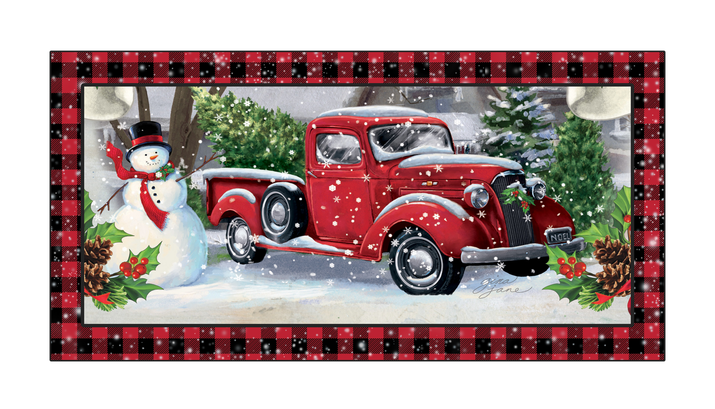 Red truck with snowman 6 x 12 wreath sign