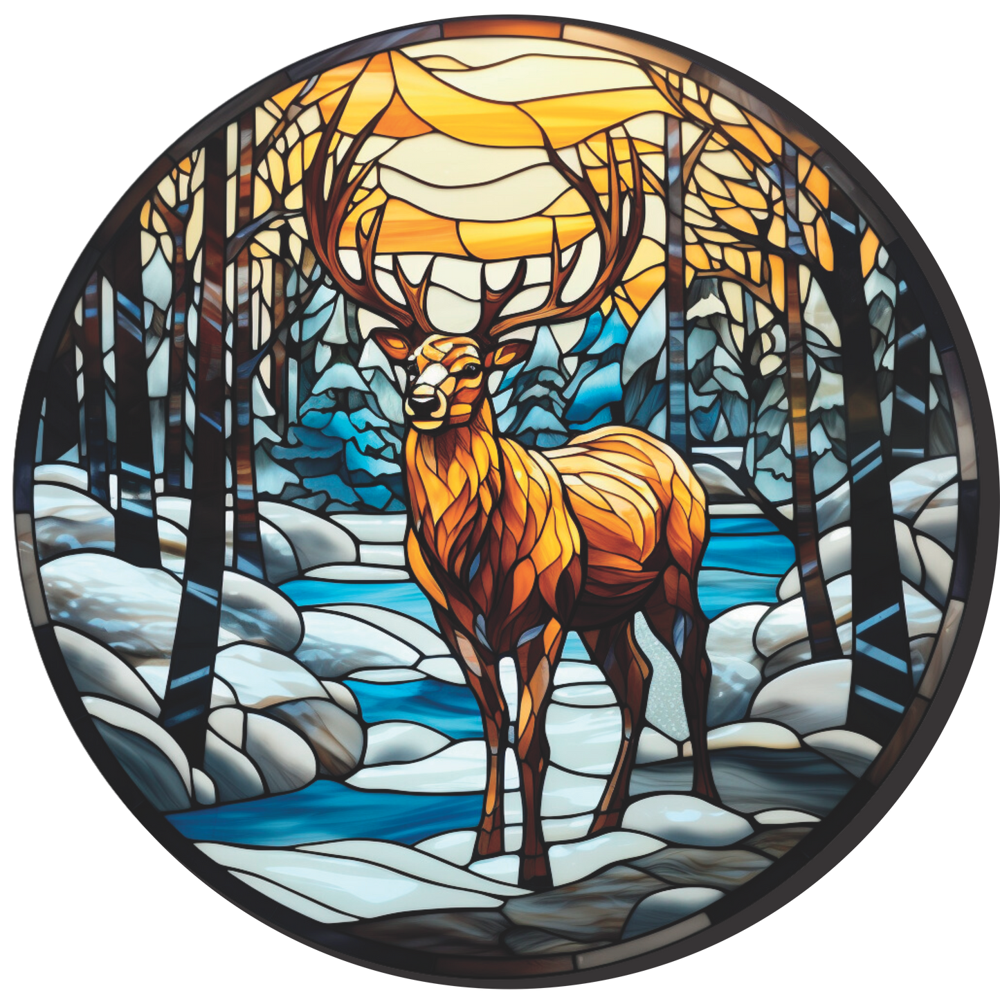 Reindeer in a Snowy Forest Faux Stained Glass Look Wreath Sign Round