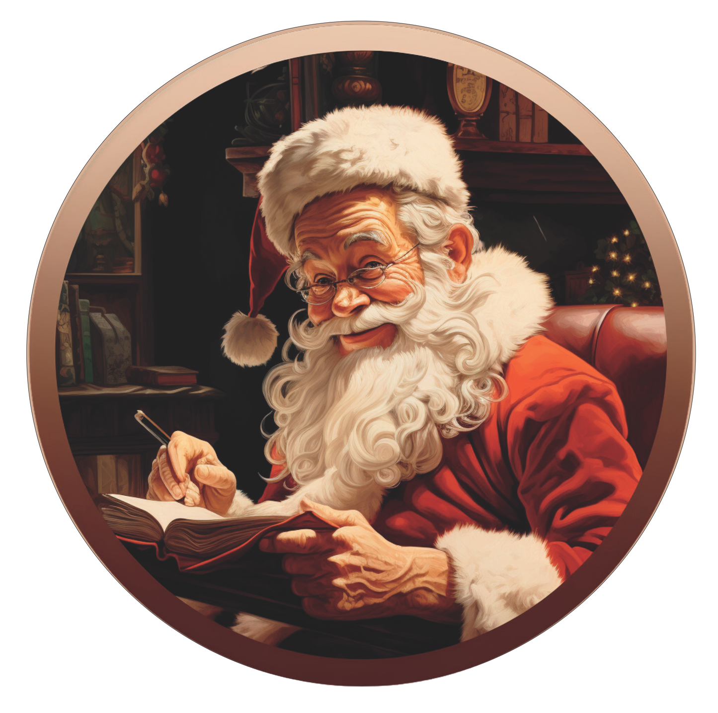 Santa Checking his List Faux Stained Glass Look Wreath Sign Round