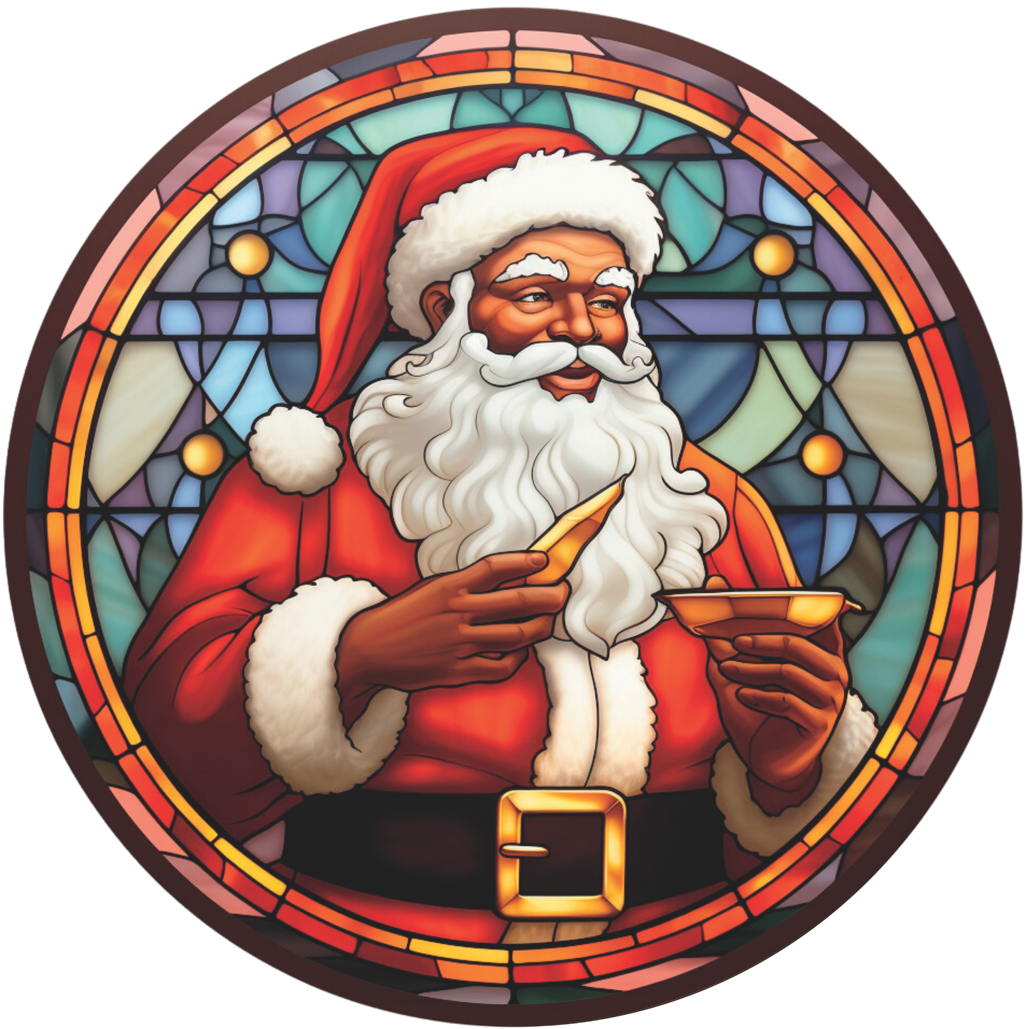 Santa in Faux Stained Glass Multicolor Round Sign
