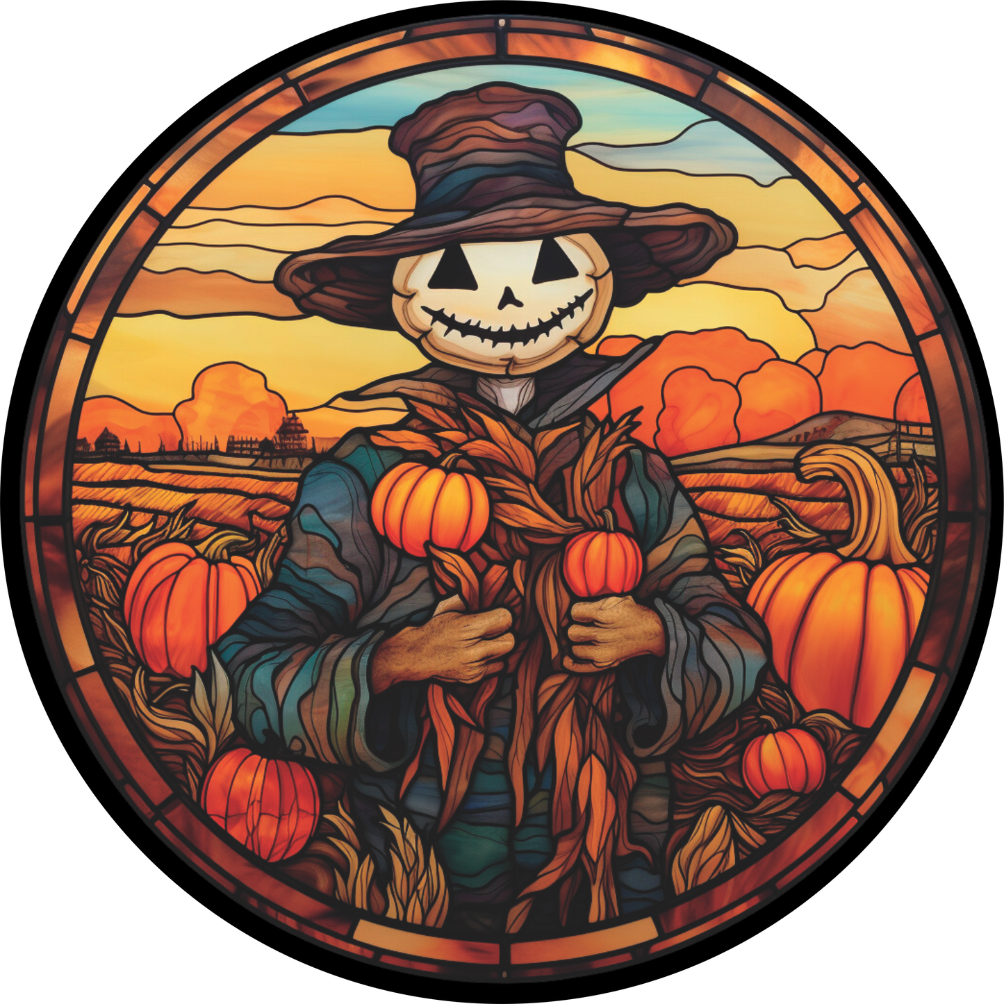 Scarecrow in a field of pumpkins Faux Stained Glass Wreath Sign Round