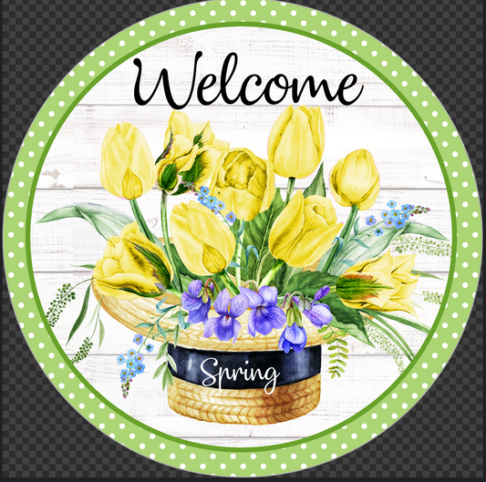 Welcome Spring Tulip Round Sign