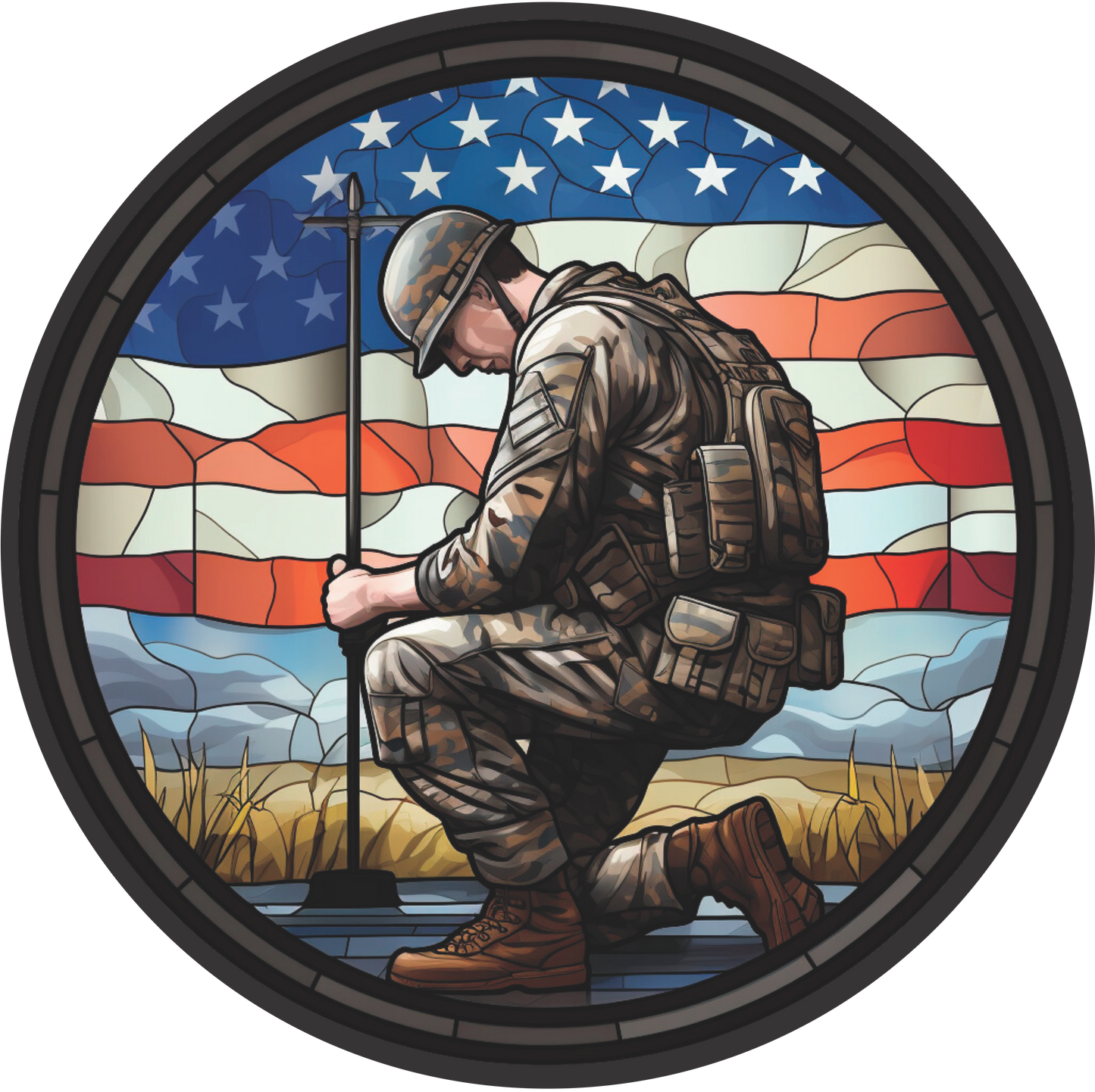 Solider in Front of Flag Kneeling at a Cross in Stained Glass Wreath Sign Round
