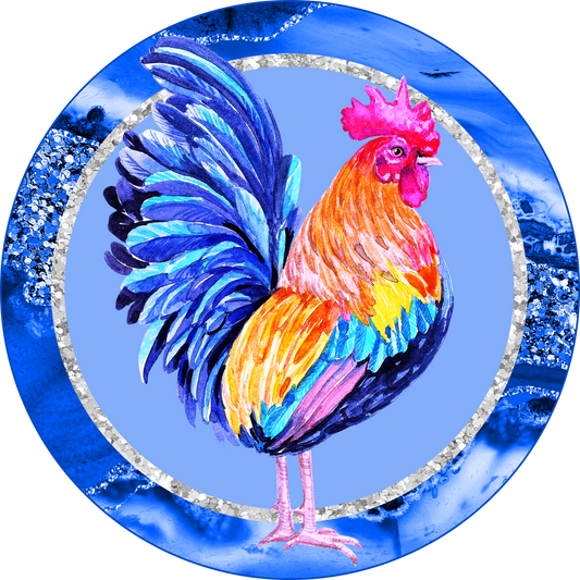 Spring Rooster Blue Pink Stained Glass Round