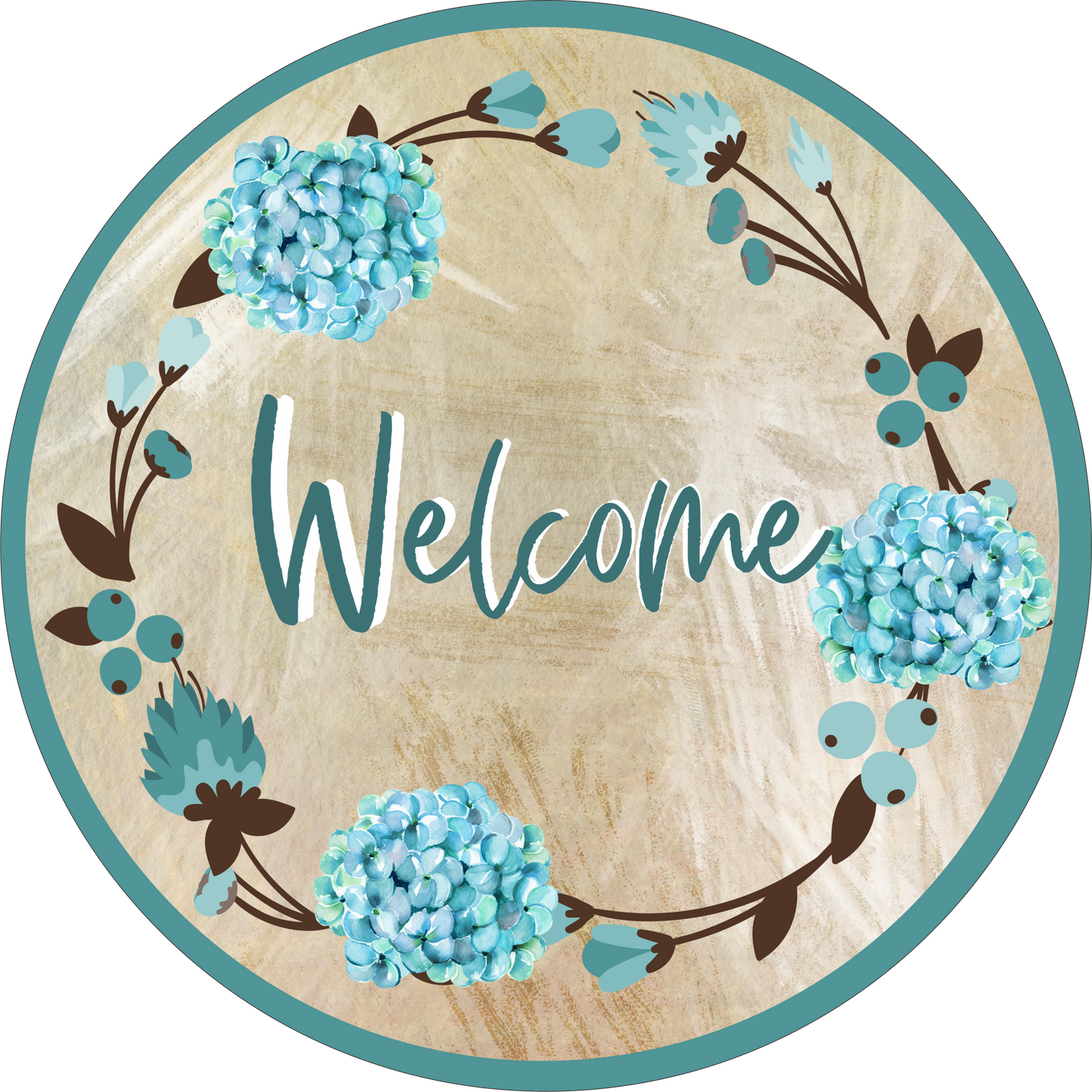 Welcome Teal Hydrangeas Round Sign
