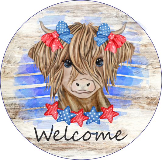 Welcome Highland Cow Red, White and Blue Round