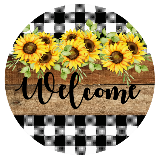 Welcome Black and White checked & Sunflower Round