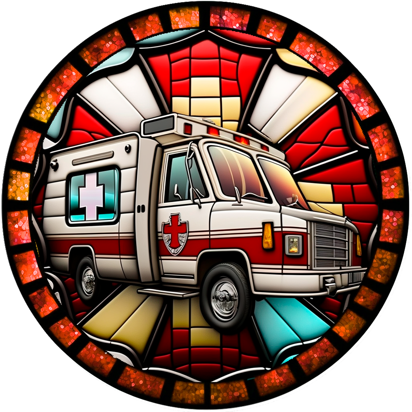 Firetruck stained glass Wreath Sign Round