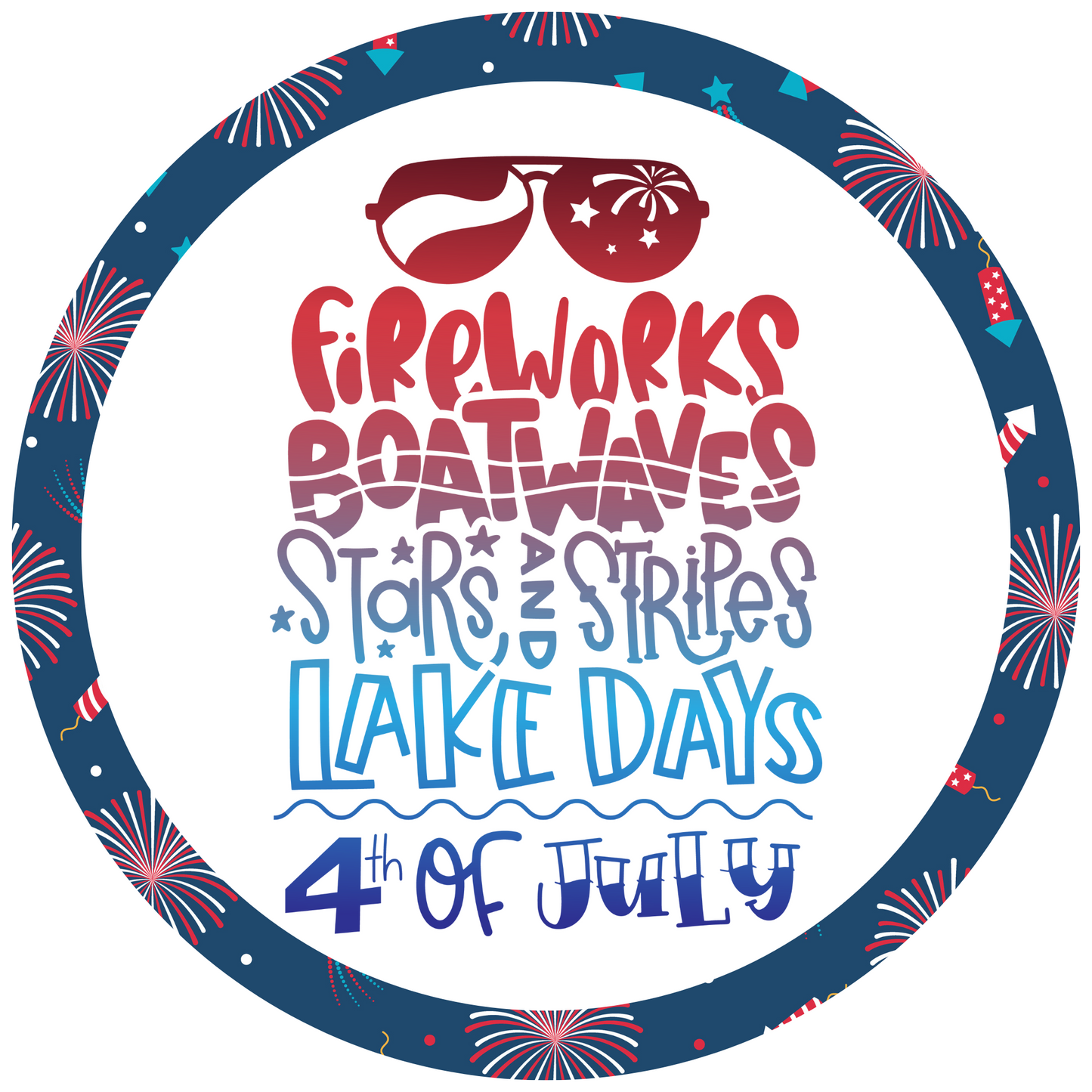 Fireworks Boat Waves Stars and Stripes Lake Days 4th July Round Sign