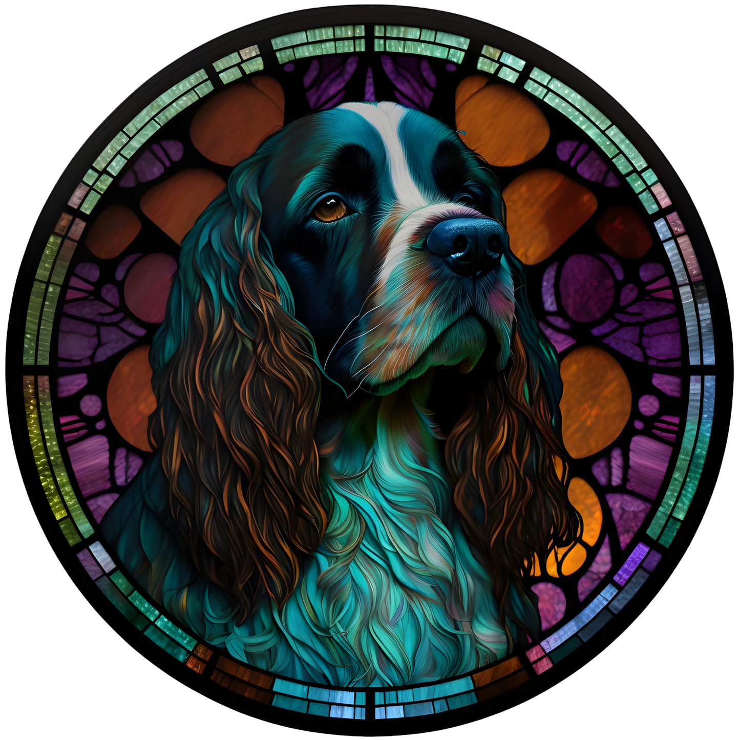 Dark Spaniel Stained Glass Look Wreath Sign Round