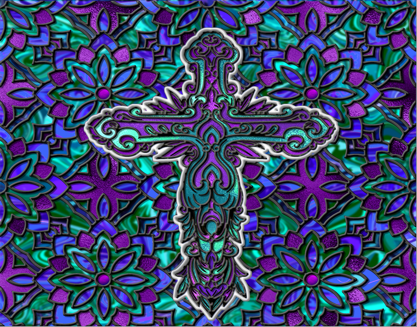 Purple Cross Stained Glass Look Sign 9x7