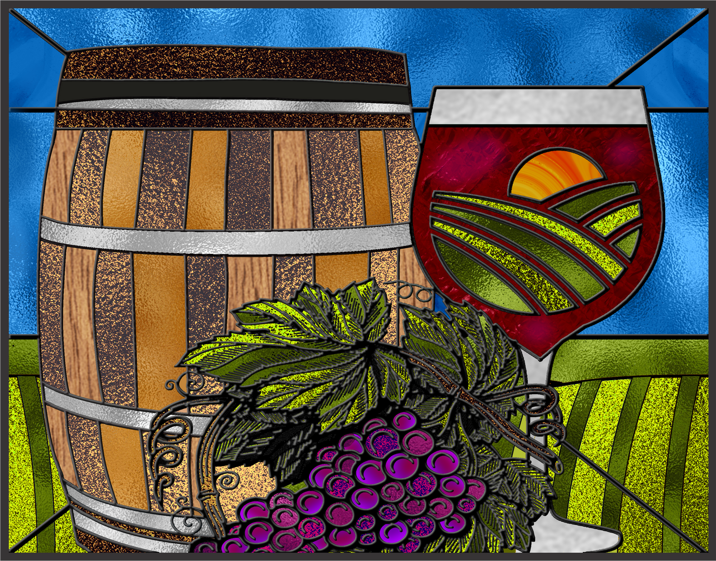 Wine Barrel and glass faux Stained Glass Sign 9x7